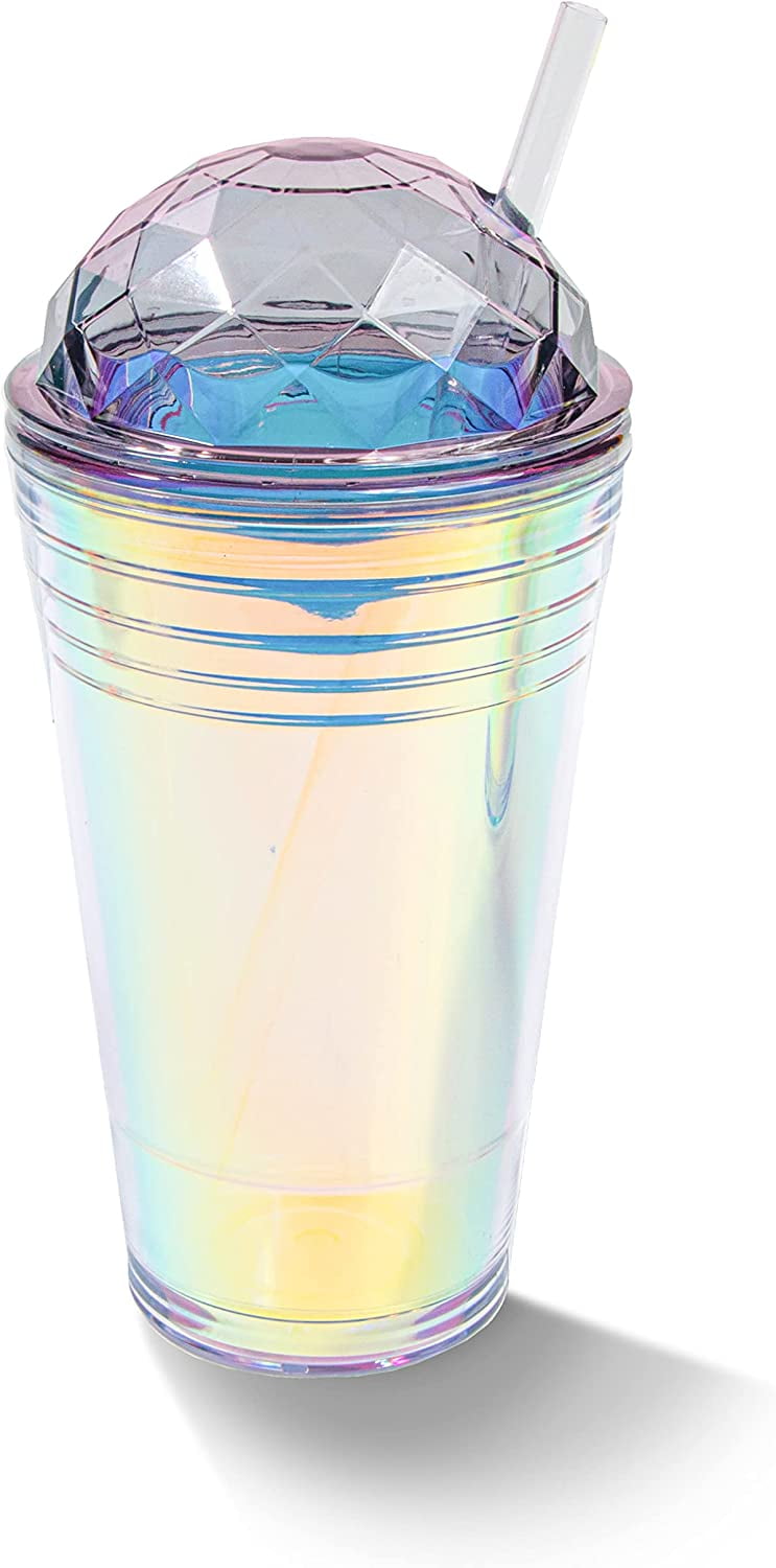 Shop Uwu Reusable Plastic Cup With Lid And Straw - Double Walled Insulated  Cup With Crystal Dome Lid; Cold Drink Tumbler With Straw; Reusable  Transparent Iridescent Cups - 560ml 