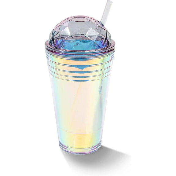 Shop Uwu Reusable Plastic Cup With Lid And Straw - Double Walled Insulated Cup With Crystal Dome Lid; Cold Drink Tumbler With Straw; Reusable Transparent Iridescent Cups - 560ml (Grey)