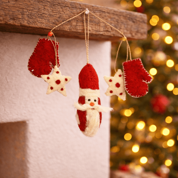 Handmade Needled Felt Work Miniature Christmas Décor Hanging Set—Red and White