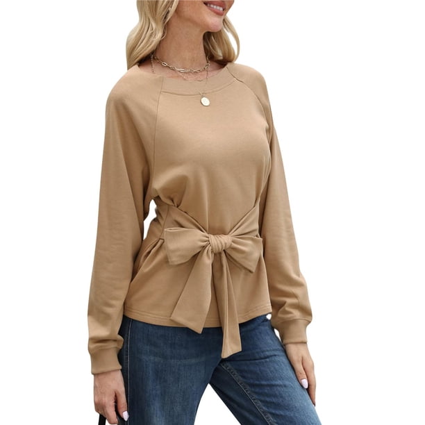 Sudadera con Nudo en la Cintura para Mujer, Larga Raglán, Estilo Túnica, Cuello Redondo, Elegante Blusa Deportiva de Otoño Caqui L
