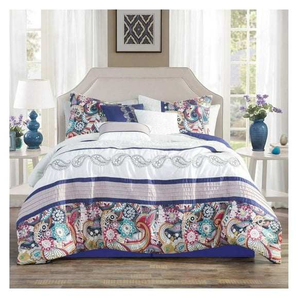 Bilot 7 Piece Paisley Design Print Comforter Set Multicolor Purple White Size Bed in a Bag Chic Bedding Set- Gina (Queen)