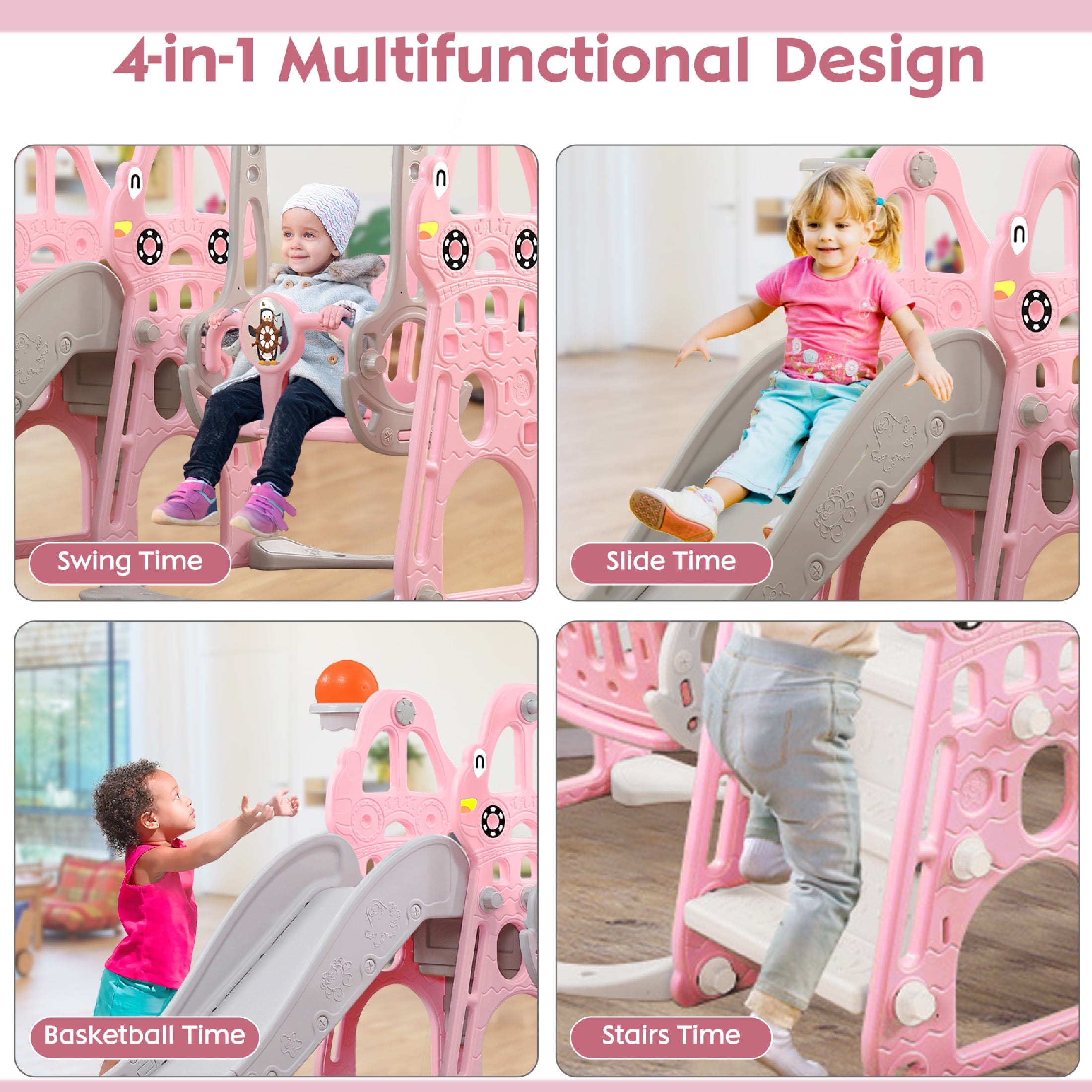 Ealing 4 in 1 Slide and Swing for Toddlers Age 1-2 ,Baby Swing Playset Indoor with Safety Belt and Basketball Hoop,Pink