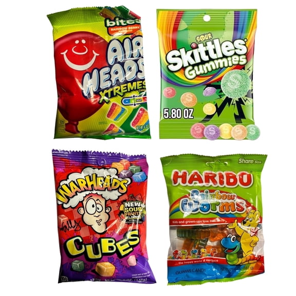 Sour & Gummy Candy Variety Pack, 4 Bags (21.8 oz Total) - Airheads Xtremes, Skittles Sour Gummies, Warheads Cubes & Haribo Gummies, Chewy Candy Mix