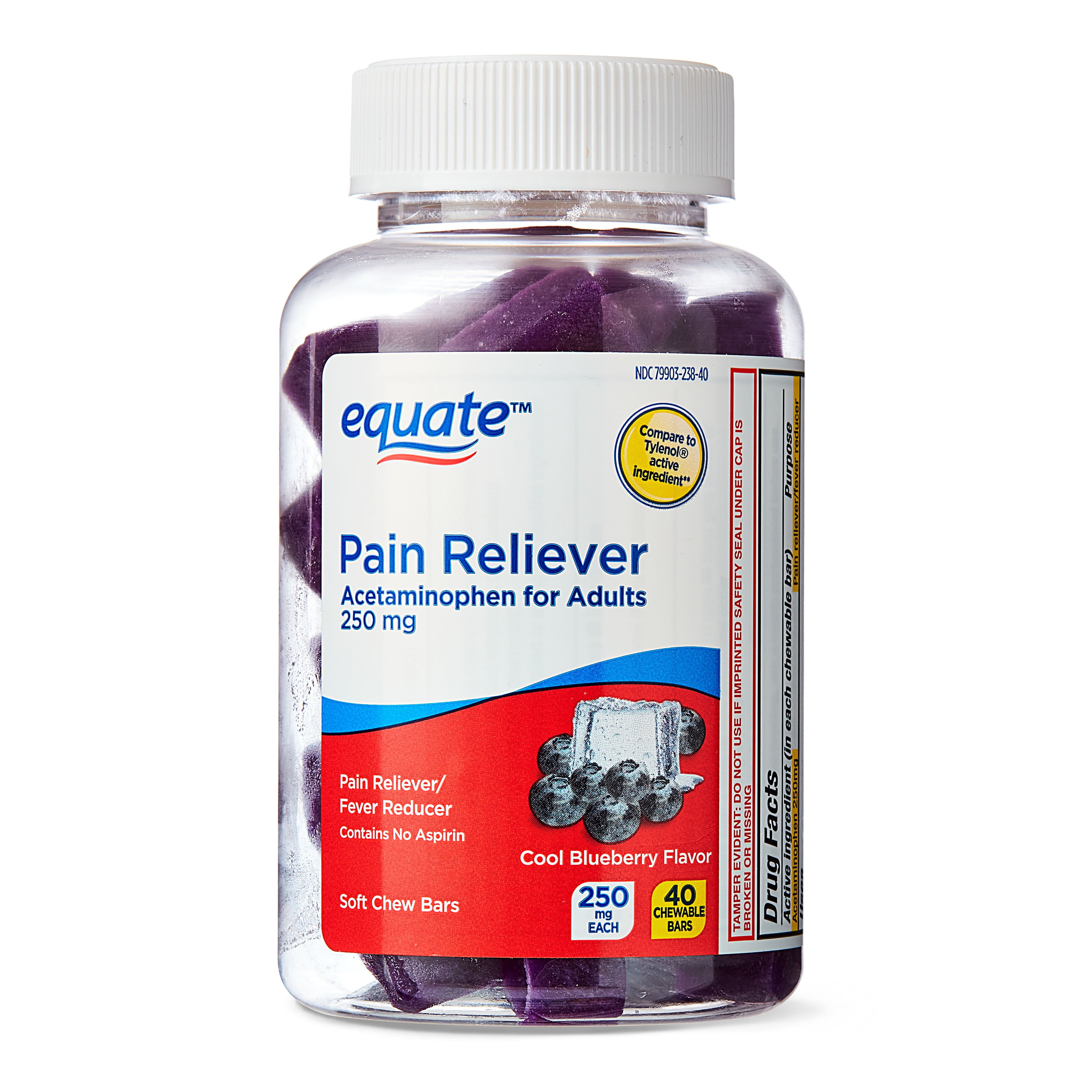 Equate Pain Reliever Acetaminophen Soft Chew Bars, 250 mg, Cool Blueberry Flavor, 40 Count, Compare to Tylenol® Active Ingredient