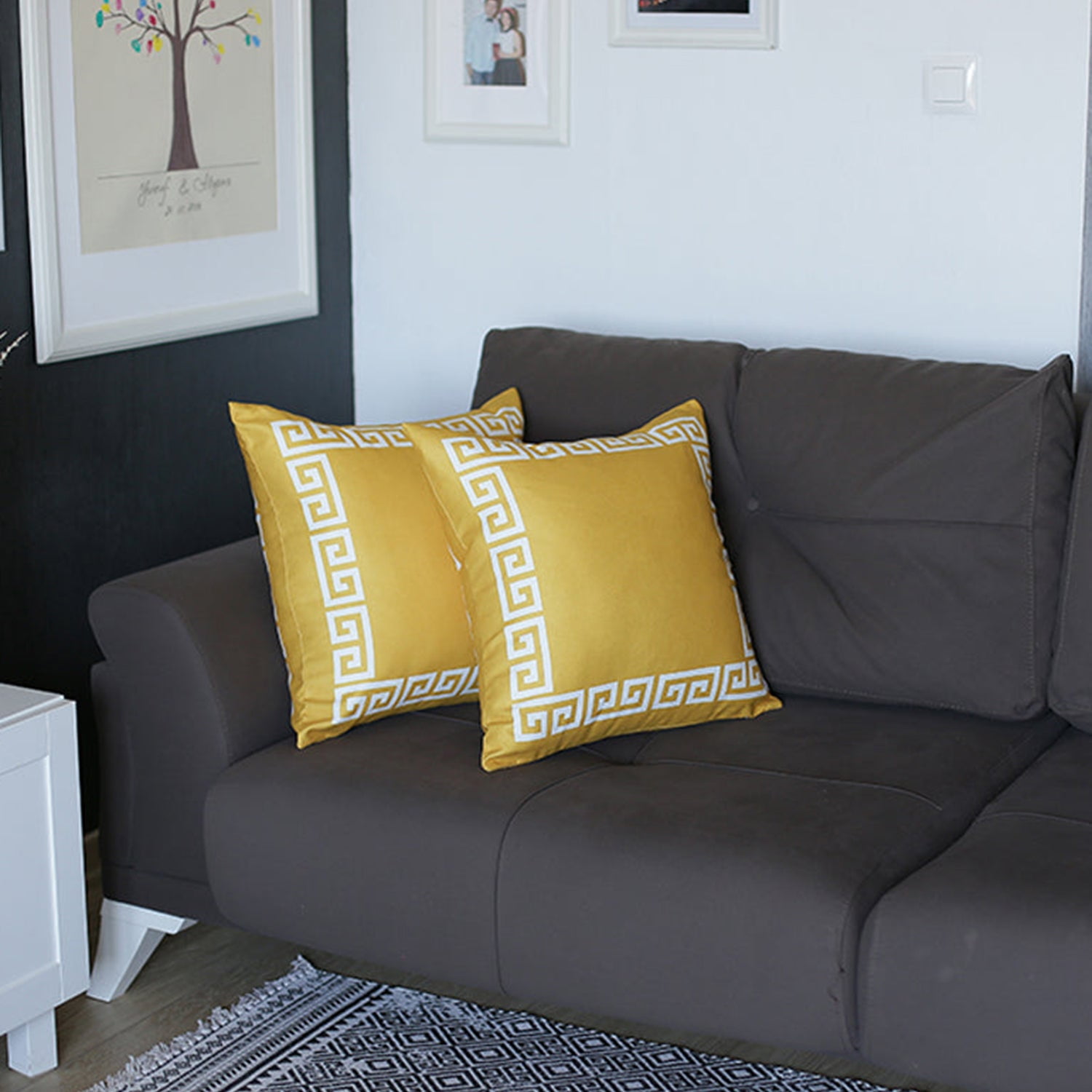 Yellow and White Greek Key Polyester Throw Pillow Covers, 20 x 20 Inch, Set of 2