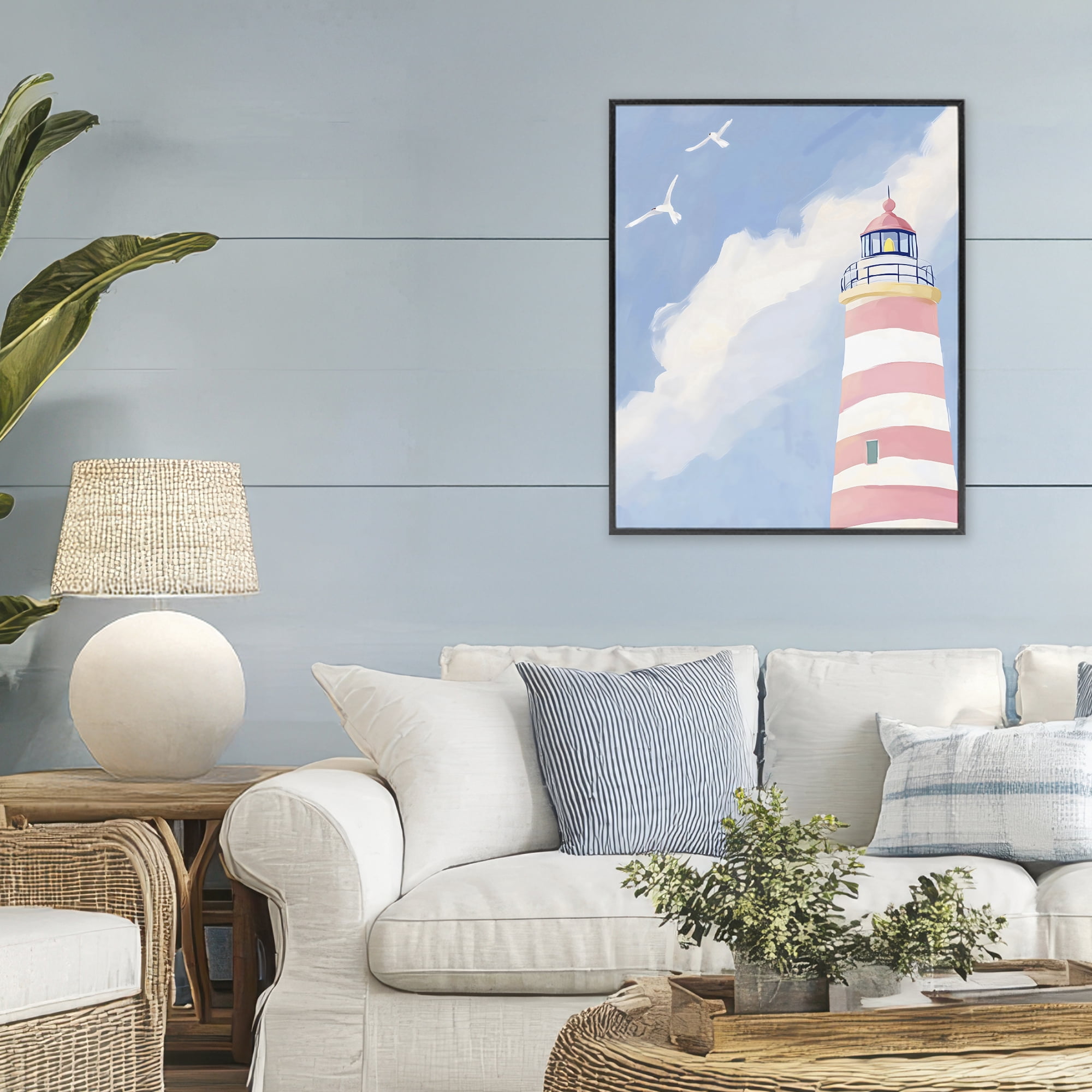 Stupell Industries Striped Lighthouse with Seagulls Black Framed Giclee Art, design by The Prints Vibe