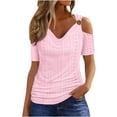 thumbnail image 2 of asjyhkr Womens off Shoulder Tops Summer Short Sleeve Breathable Lightweight Tees Solid Color Tshirts, 2 of 6