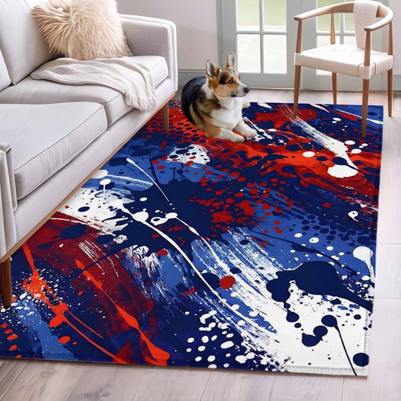 Independence Day Area Rugs 3x5 ft Abstract Red Blue White Mottled Painted Washable Rug Non Slip Indoor Carpet Absorbent Floor Mat for Living Room Bedroom Dining Room