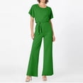 thumbnail image 4 of Huankd Womens Summer Casual Short Sleeve Pants Suit Beach Vacation Romper Belted Dressy Wedding Guest Jumpsuit Jumper Green 2XL, 4 of 5