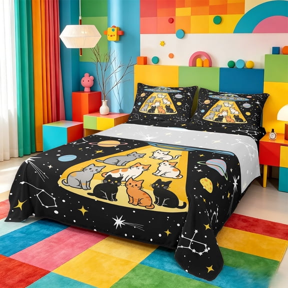 meiyoeat Cartoon Cat Galaxy Bed Sheets For Boys,Space Theme Kitten Print Full Size Sheets,4pcs,1 Flat Sheet,1 Fitted Sheet and 2 Pillowcases