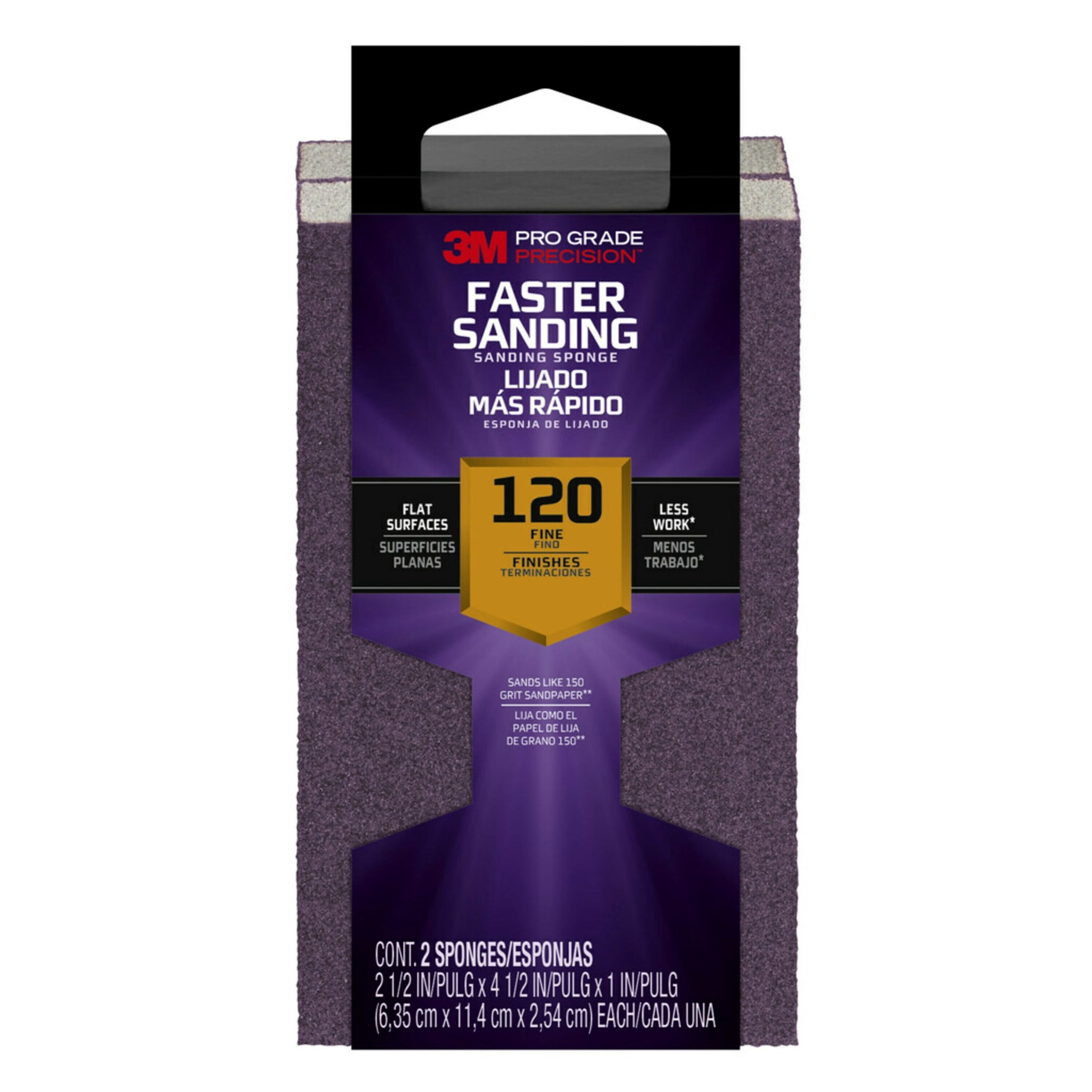 3M Pro Grade Precision Sanding Block, Faster Sanding, 2.5 in. x 4.5 in. x 1 in. , 120 Grit, Fine, 2 Sponges