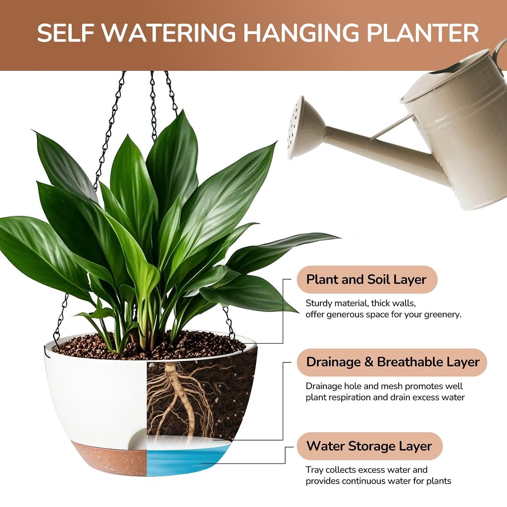 Hanging Planter, 12 Inch Self-Watering Hanging Planters for Indoor Outdoor Plants, Hanging Basket for Plants Flowers Outdoor (White)