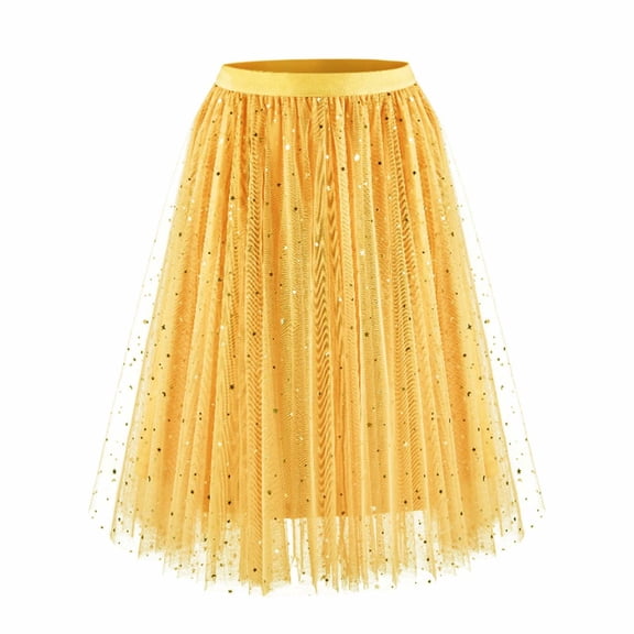 Cavosen Skirt Plus Size Sequin Mesh Loose Solid Elastic Waist Long Skirt Ladies Party Soft Summer Skirt Yellow XL