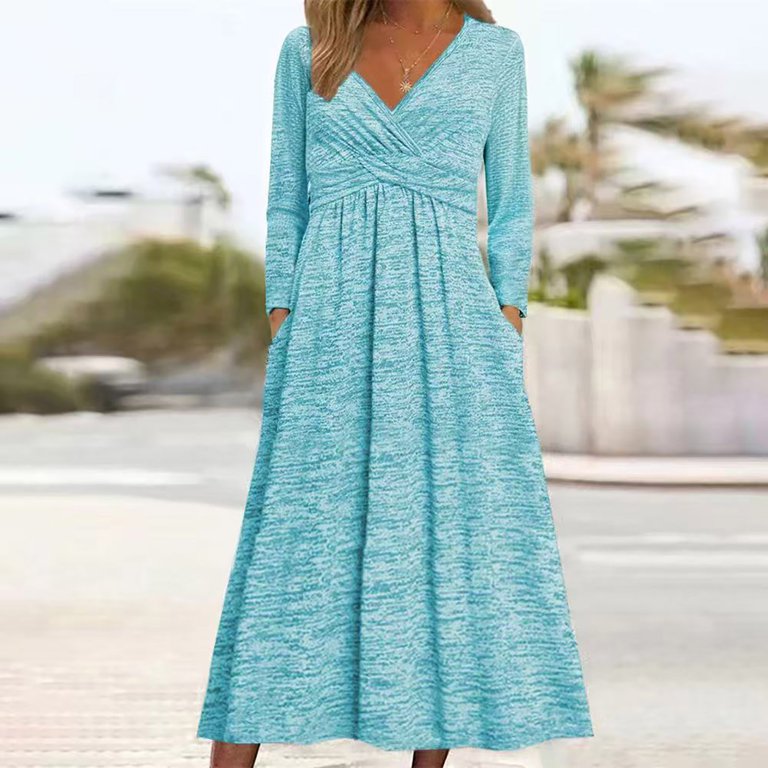 Enjoytime Dresses for Women Casual Solid Color V-Nek Long Sleeve Maxi Dress  Fashion Beach Vacation Clothes Plus Size Dresses Light blue L - Walmart.com