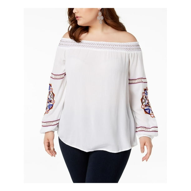 INC - INC Womens White Embroidered Long Sleeve Off Shoulder Top Size 2X ...