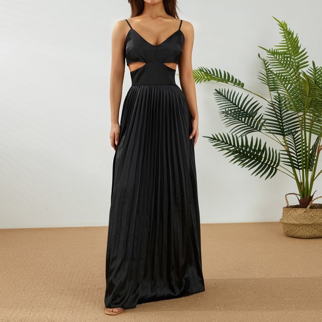 SAYOO Vestido largo para mujer, correa de espagueti, sin mangas, sin espalda, con cuello en V y plisado SAYOO Moda