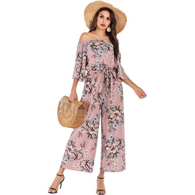 Pantalones de pierna ancha de cintura alta de manga corta con volantes florales de verano para mujer, mono holgado informal rosa FloralX de talla grande