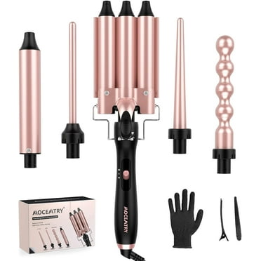 MOCEMTRY 5 in 1 Curling Wand Set with 3 Barrel Hair Crimper for Women，Fast Heating Hair Wand Curler with Two Temp Control.