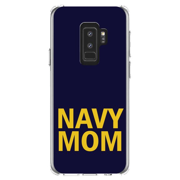 DistinctInk Clear Shockproof Hybrid Case for Samsung Galaxy S9  PLUS (6.2" Screen) - TPU Bumper, Acrylic Back, Tempered Glass Screen Protector - Yellow Navy Mom - Support for the Navy