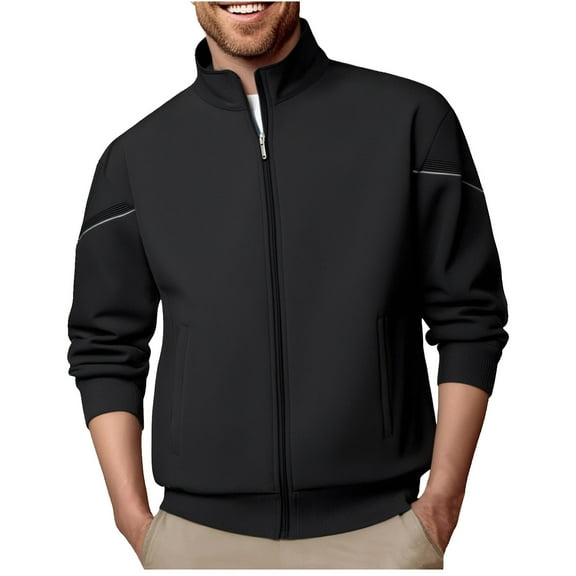 Wrtxtat Full Zip Jacket for Men Stand Collar Atheltic Running Top Autumn Windproof Long Sleeves Solid Color Outerwear with Pockets Big and Tall Fit Black XXXXL