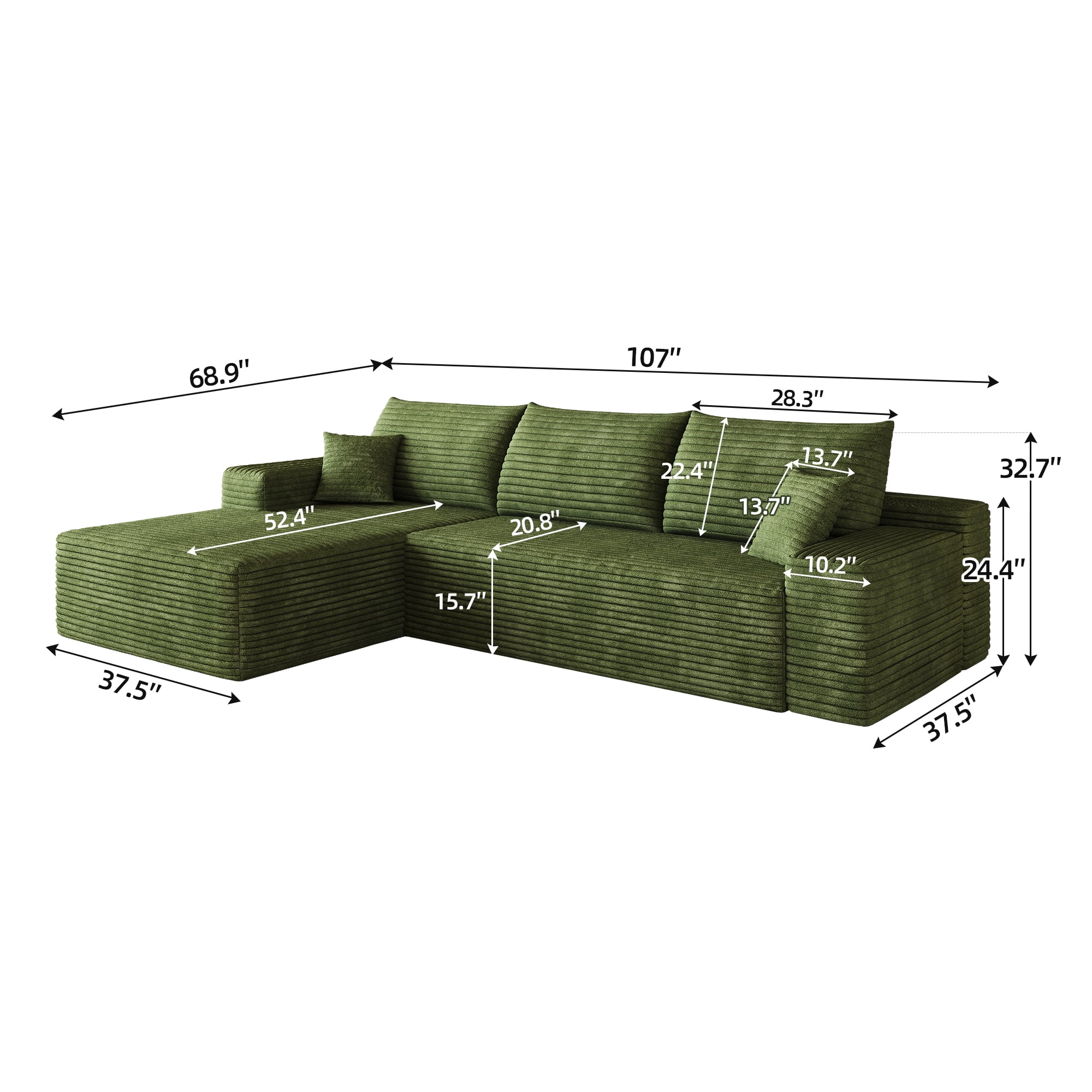 Cloud Sectional Couch 107-Inch with L-Shape Chaise and Deep Seat, Modular Sofa and Corner Couch for Living Room Bedroom, No Assembly Required, Green