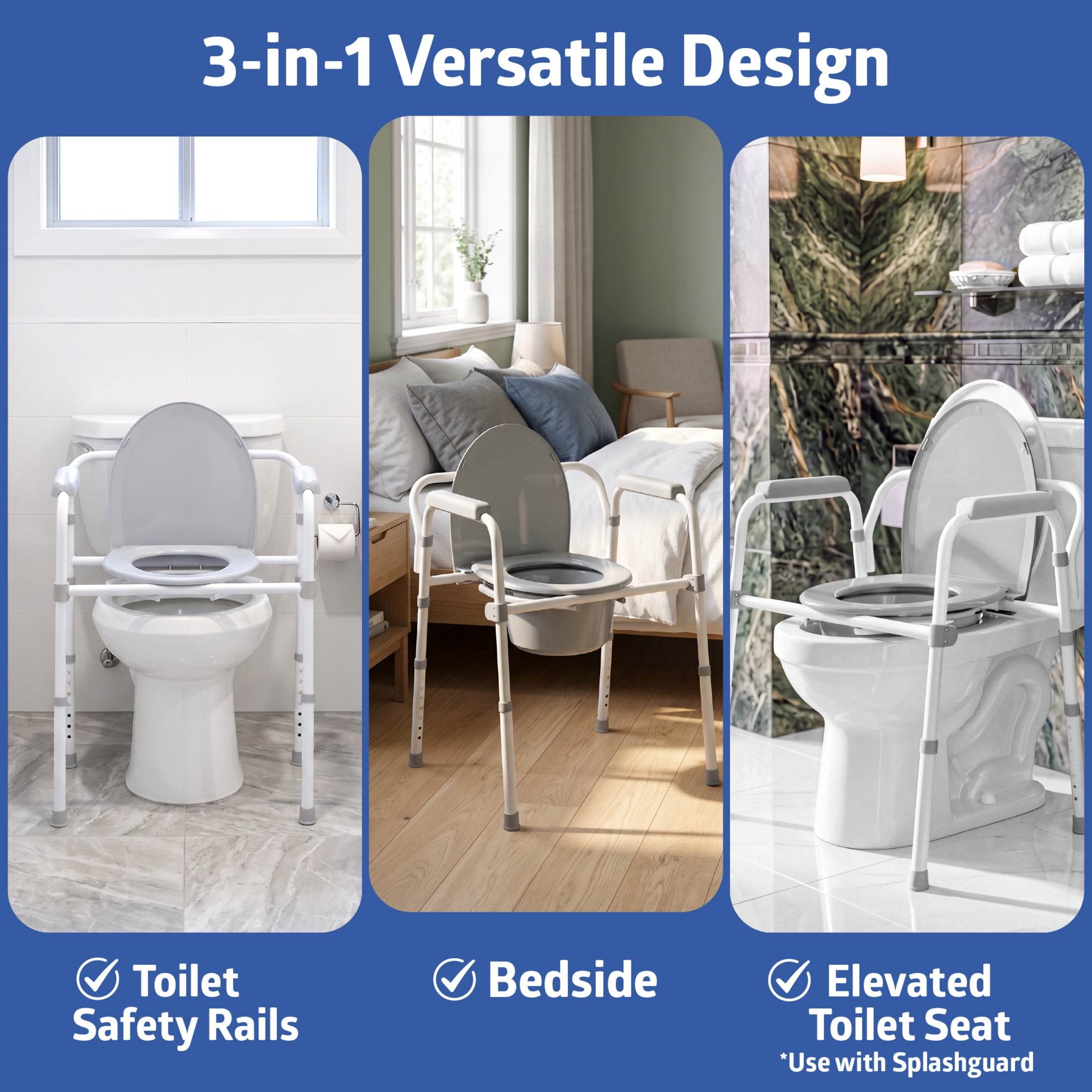 Medline Folding Steel Bedside Commode, Standard Seat, 350 lb Capacity, 3-in-1 Powder Coated Toilet Commode With 7 Qt. Bucket, Clip-on Seat, Easy Cleaning, Tool-Free Assembly, Height Adjustable