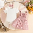 thumbnail image 2 of mgoYE Baby Girl Summer Skirt Set Newborn Overall Dress Short Sleeve Ribbed Romper Suspender Skirts 3Pcs Outfits(Pink,6-9 Months), 2 of 9