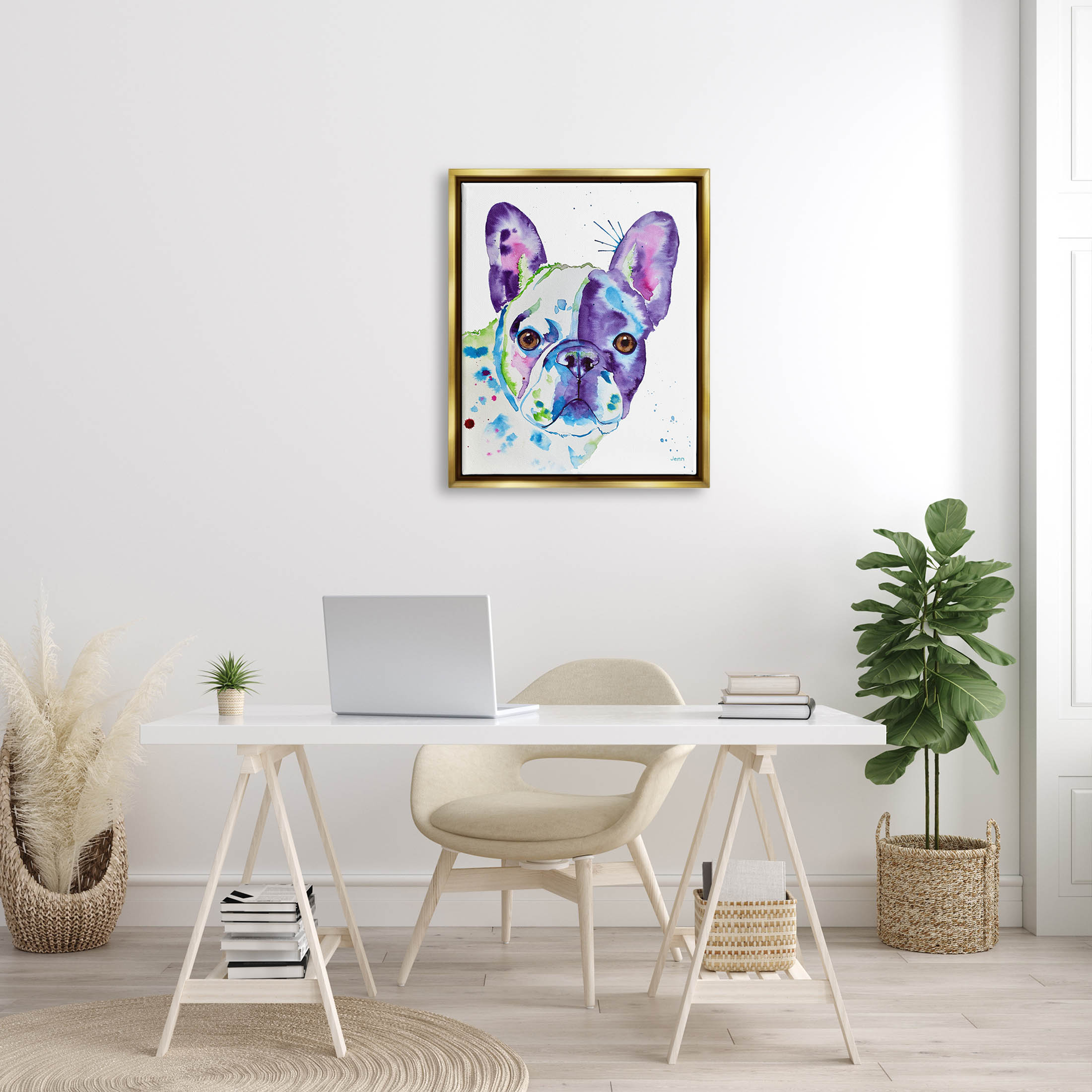 French Bulldog Modern Face Portrait Animals & Insects Graphic Art Metallic Gold Framed Art Print Wall Art