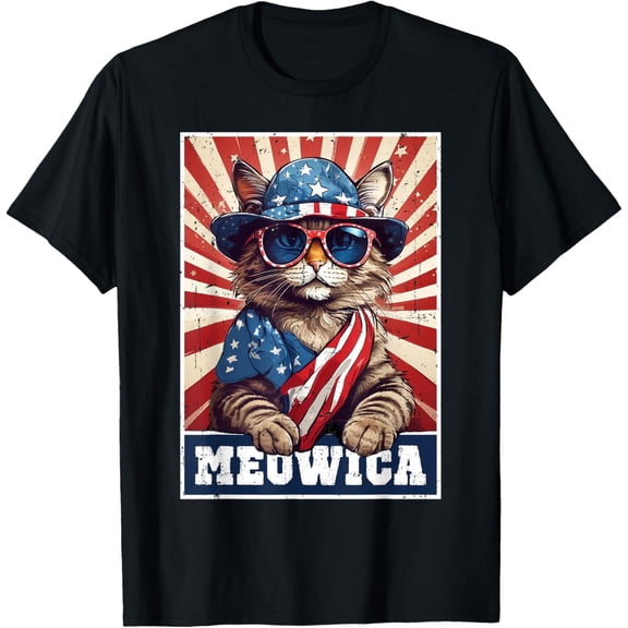 Meowica 4th of July Cat American Flag Cat Funny Gifts 4th of July T-shirt