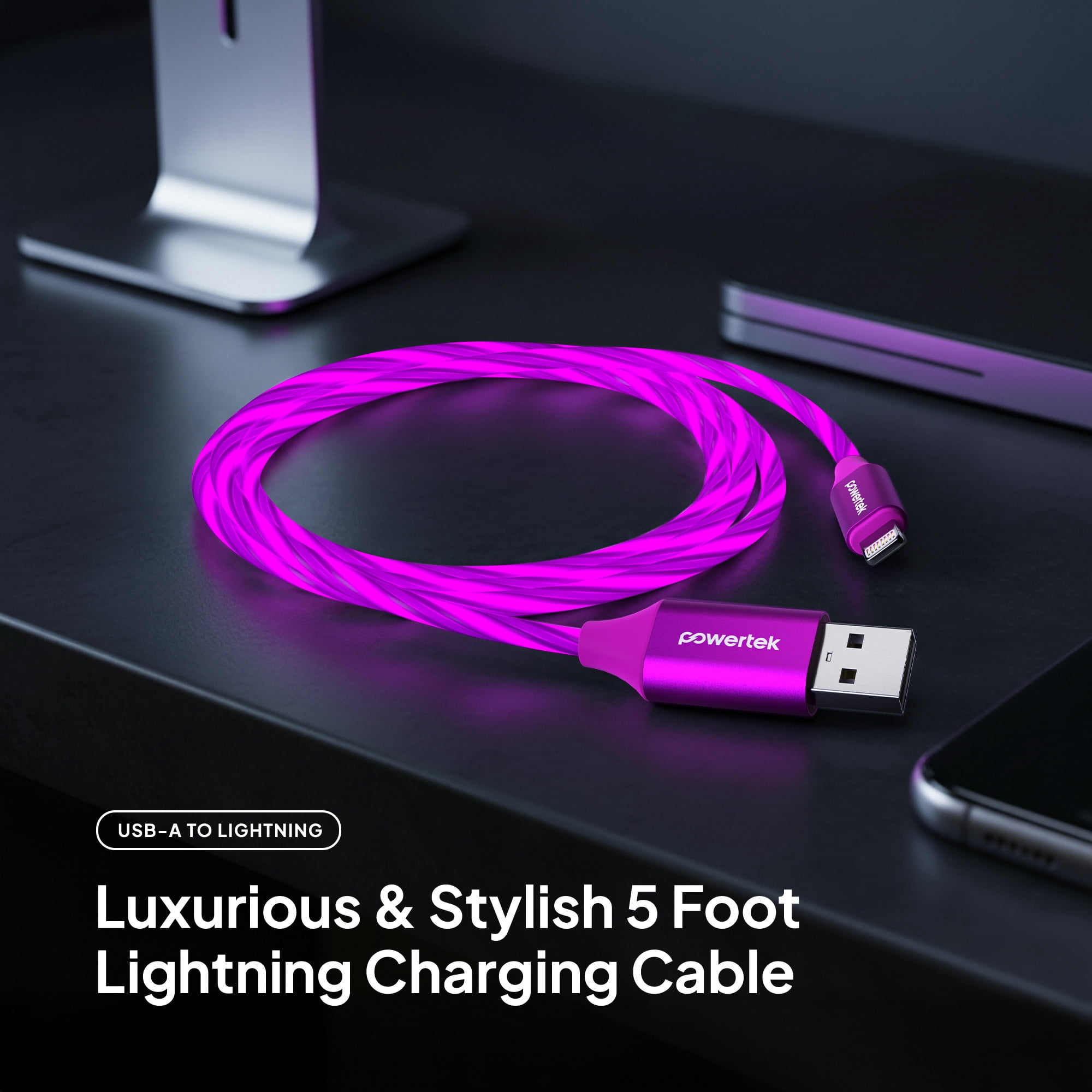 Powertek MFi-Certified Light-Up Spiral USB-A to Lightning Charging Cable, 5 ft, Purple