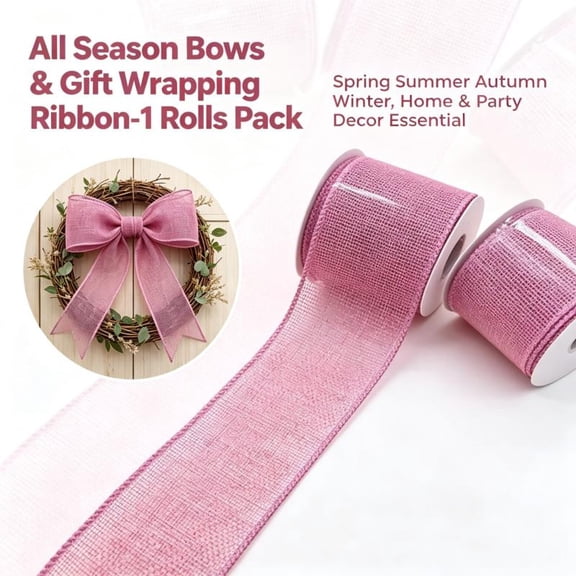 Pink Burlap Wired Edge Ribbon, 2.5 Inch x 10 Yard Sheer Fabric Ribbon, Christmas Gift Wrapping Bow Making Home Party Decor Ribbon‑1 Roll