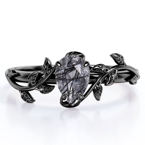 JeenMata Anillo de Compromiso de 4 Puntas con Diseño Botánico Cuarzo Rutilado con Agujas Negras Talladas en Forma de Pera de 1 Quilate; Baño de Oro Negro de 18 K sobre Plata