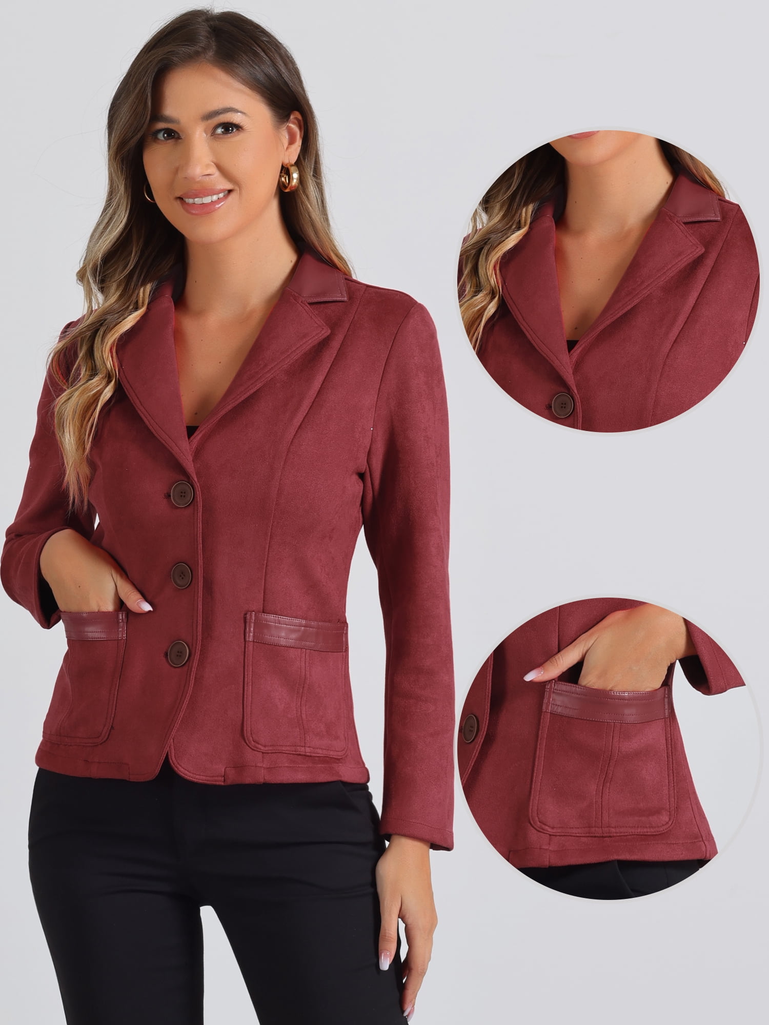 DARING DIVA Women's Faux Suede Lapel Collar Button Down Long Sleeve Blazer S Reddish Brown