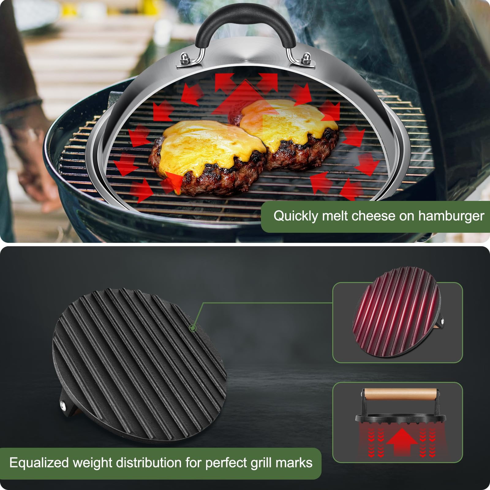 Mibote Griddle Accessories for Blackstone,12inch Heavy Duty Round Dome with Cast Iron Grill Bacon Press