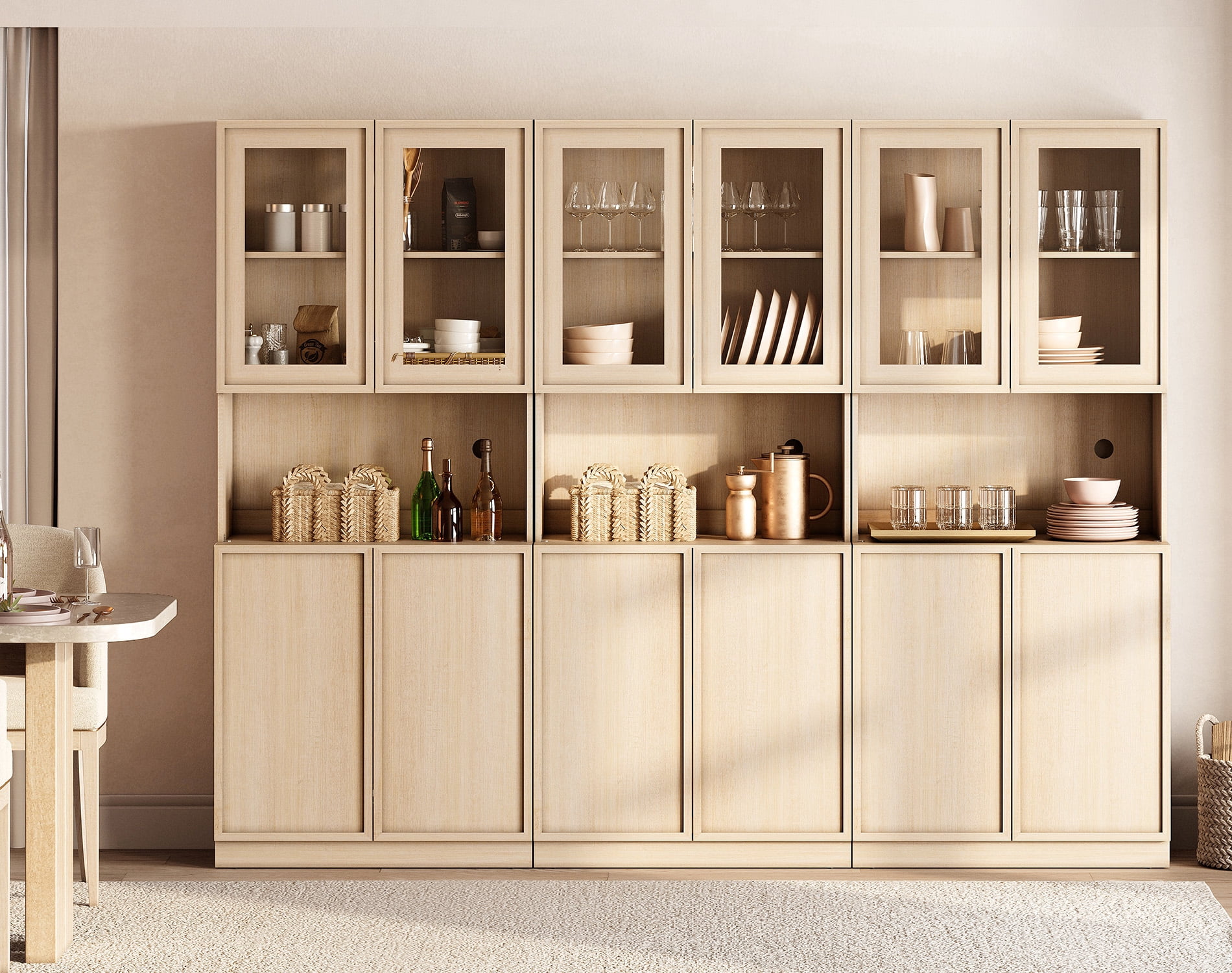 Modern Wood Sideboard Buffet with Glass Doors & Adjustable Shelves, 72" Tall Glass Display Storage Cabinet for Dining Kitchen,Beige
