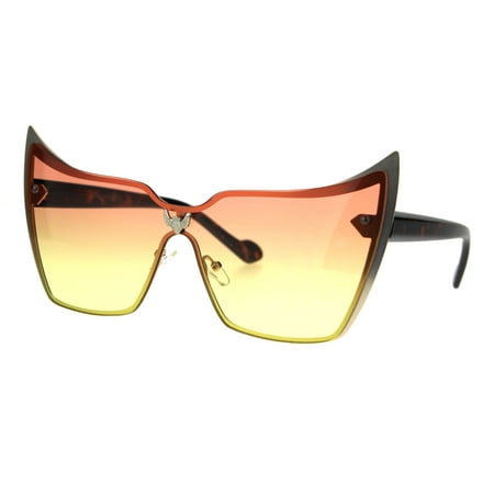 Bat Mask Shield Winged Cat Eye Gradient Lens Metal Rimless Sunglasses Gold Orange Yellow