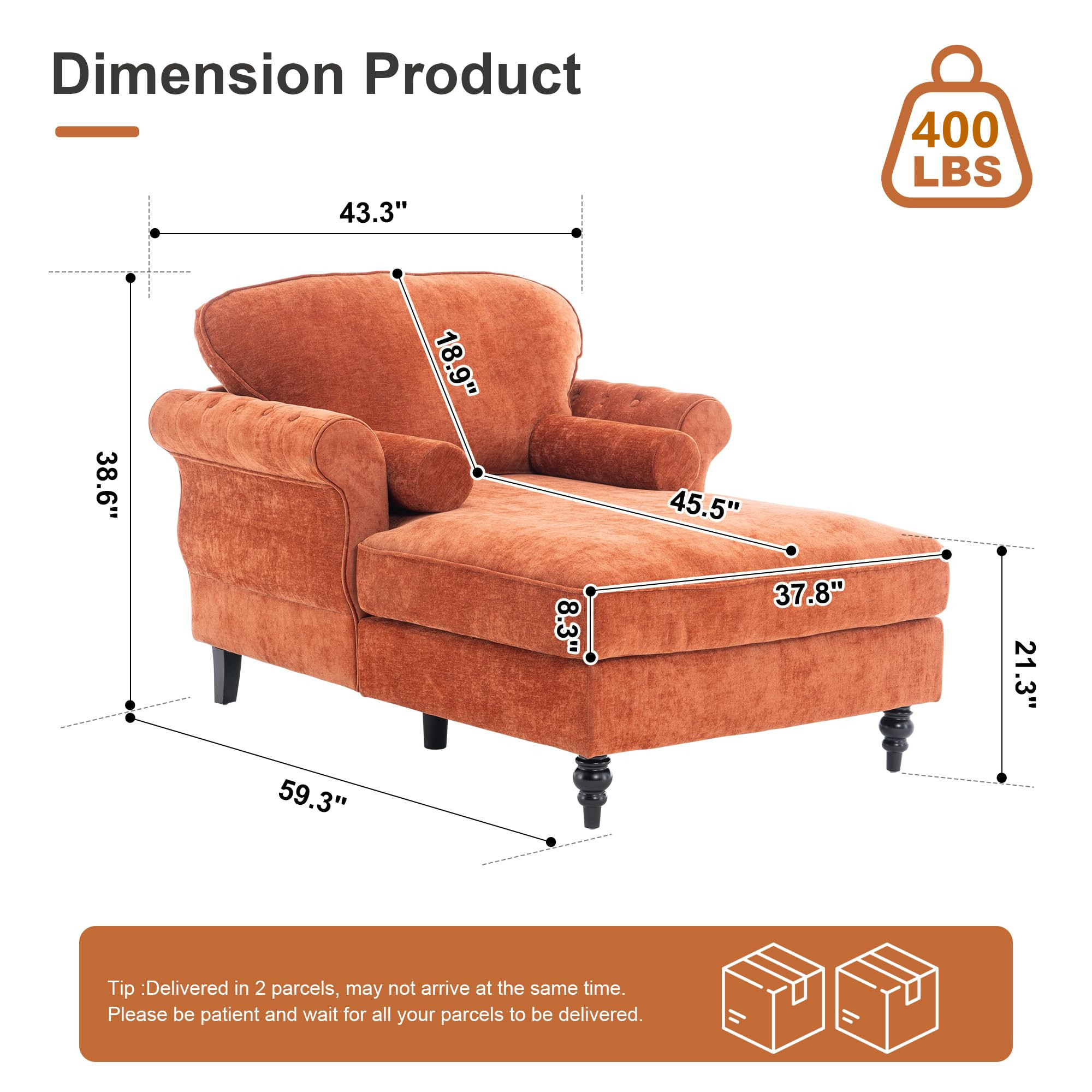Aukfa Curved Arm Chaise Lounge Indoor Chair Oversized Mid-Century Modern Chair, 2 Pillows, Chenille, Orange