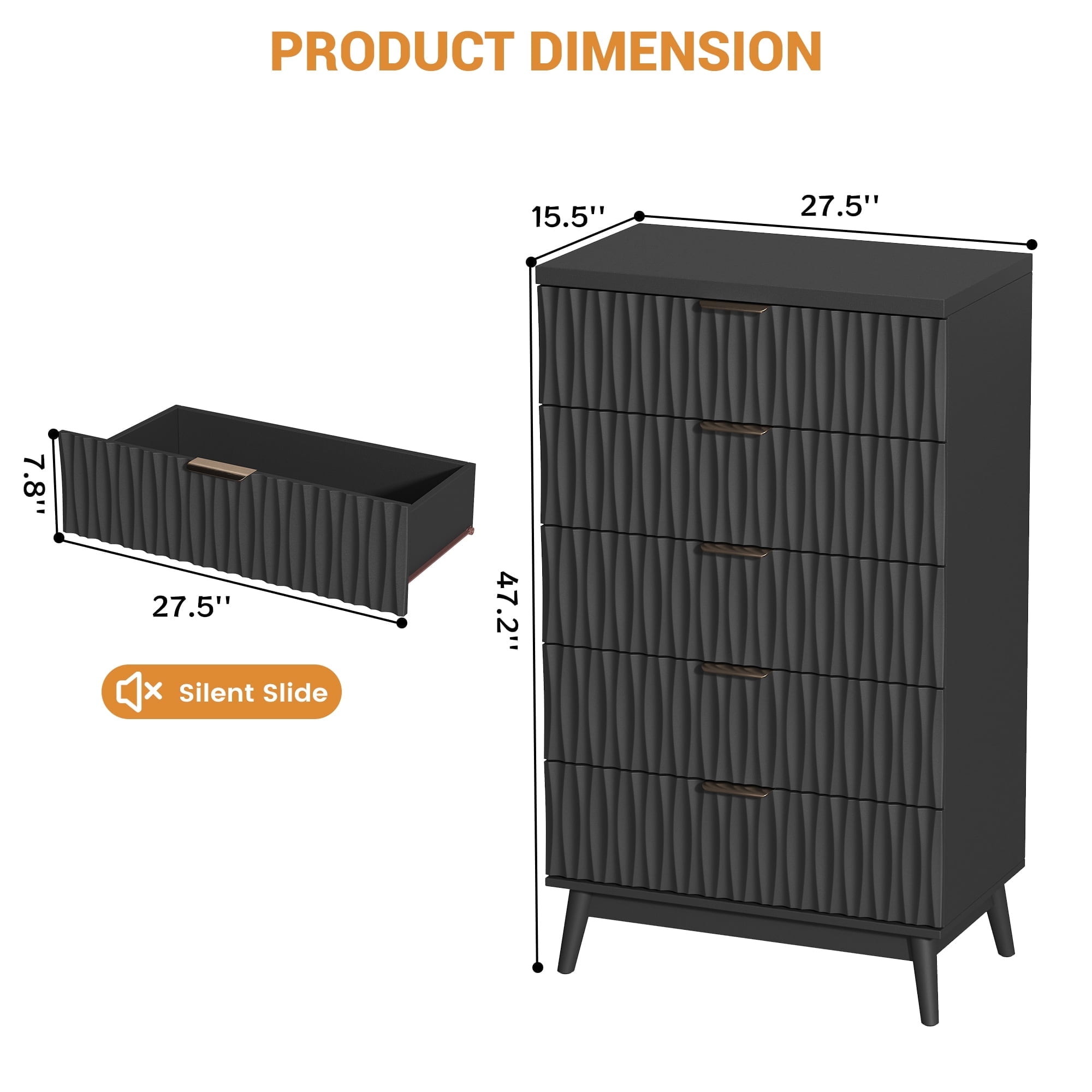 47"H Fluted 5 Drawer Dresser for Bedroom, Modern Chest of Drawers with Metal Handle, Wooden Storage Organizer for Living Room, Hallway, Black