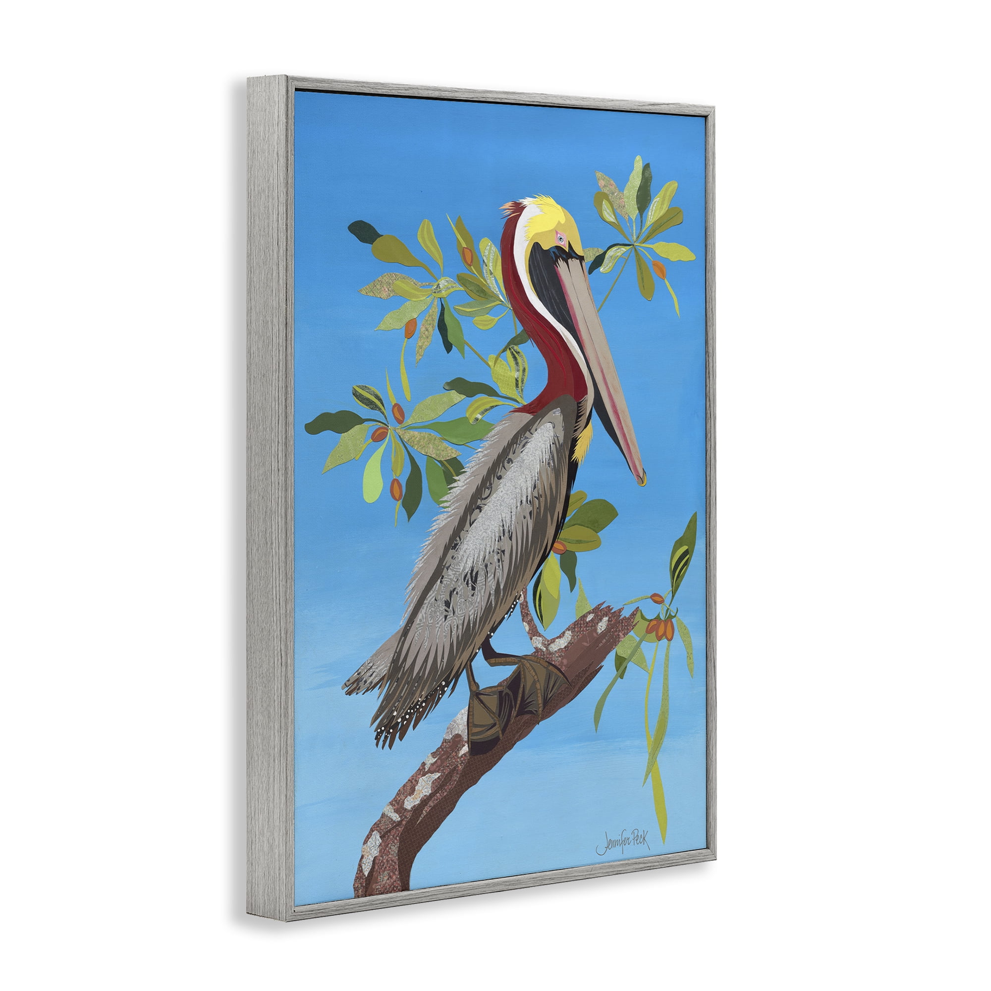 Stupell Industries Brown Pelican on Tree Animals & Insects Painting Gray Framed Art Print Wall Art, 20 x 30