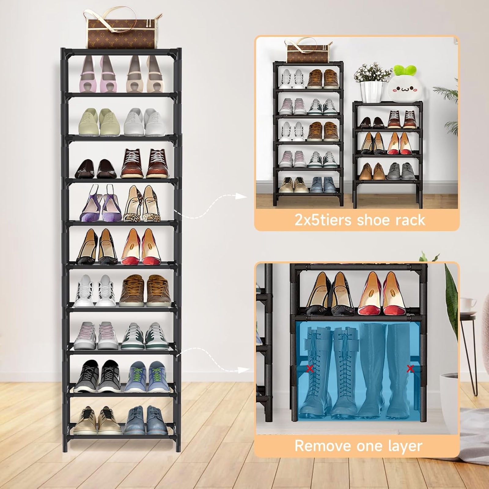10 Tiers Vertical Shoe Rack, Stackable Combination Shoe Rack, Up to 20-24 Pairs, Sturdy Metal Narrow Shoe Rack Shoe Shelf, Space-Saving Tall Shoe Rack for Hallway Garage Living Room