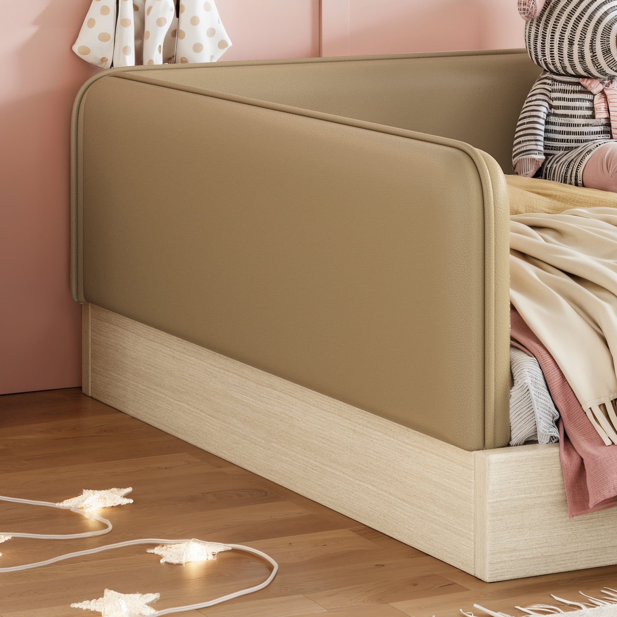 Full Upholstered Floor Bed 77.56 Inch, Faux Leather Montessori Bed with Removable Guardrails, Low Profile Platform Bed for Kids, Brown