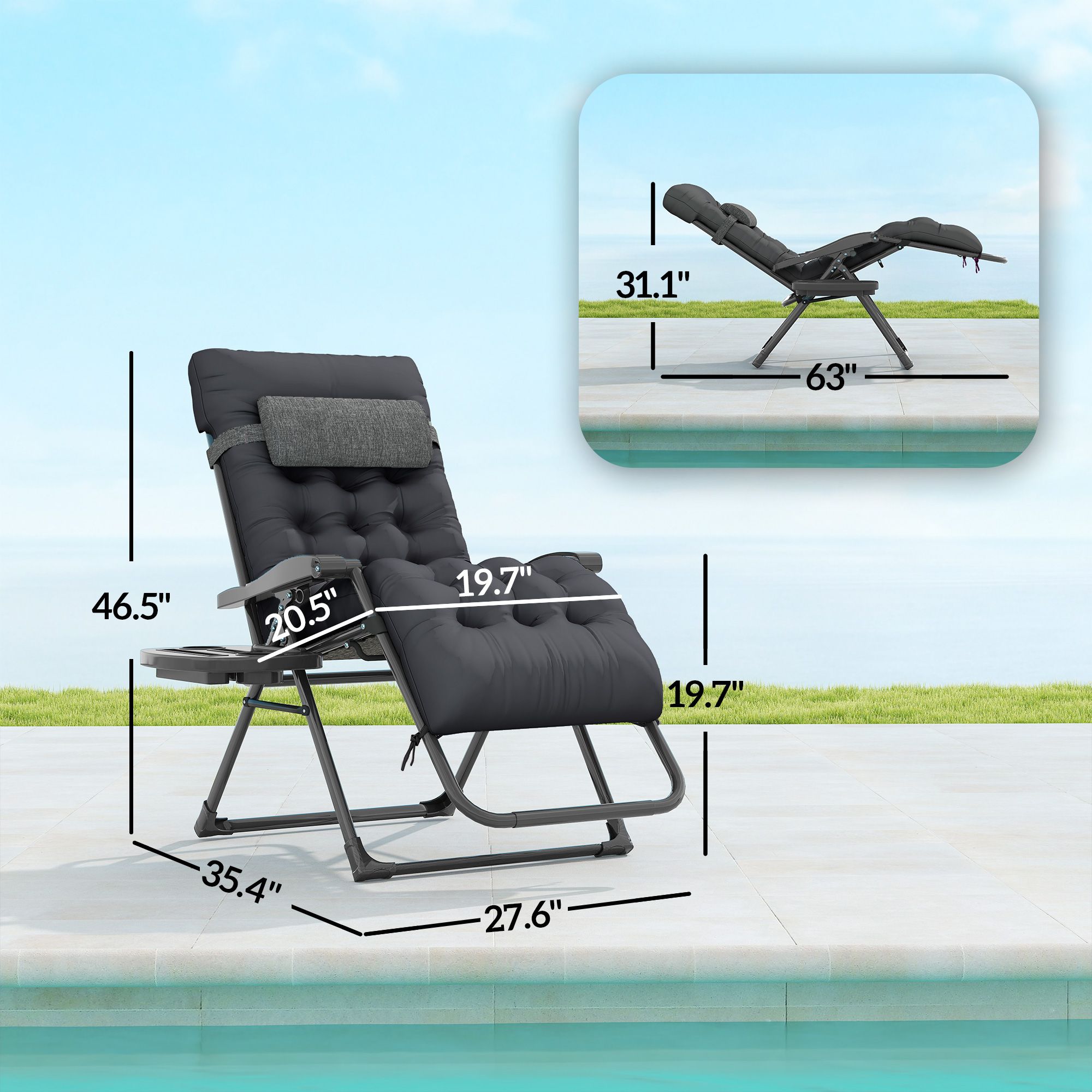 Folding Zero Gravity Lounge Chair with Detachable Thick Cushion, Lockable Reclining Outdoor Anti-Gravity Chair with Side Storage Tray Cupholders Steel Frame Supports 264lbs