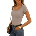 thumbnail image 3 of Posijego Going out Tops for Women Lace Scoop Neck Short Sleeve T-Shirts Ribbed Knit Basic Tees Trendy Clothes, 3 of 9