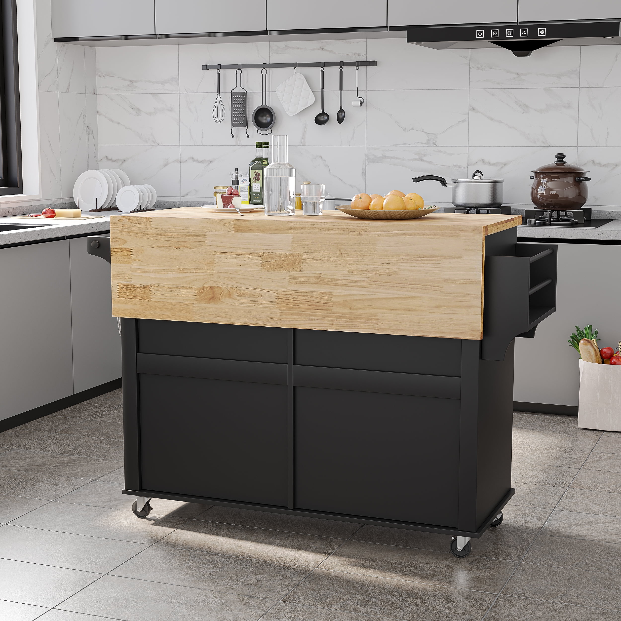 CAIDI Rolling Kitchen Islands with Adjustable Shelves, Wood Composite Black, 5.20 in