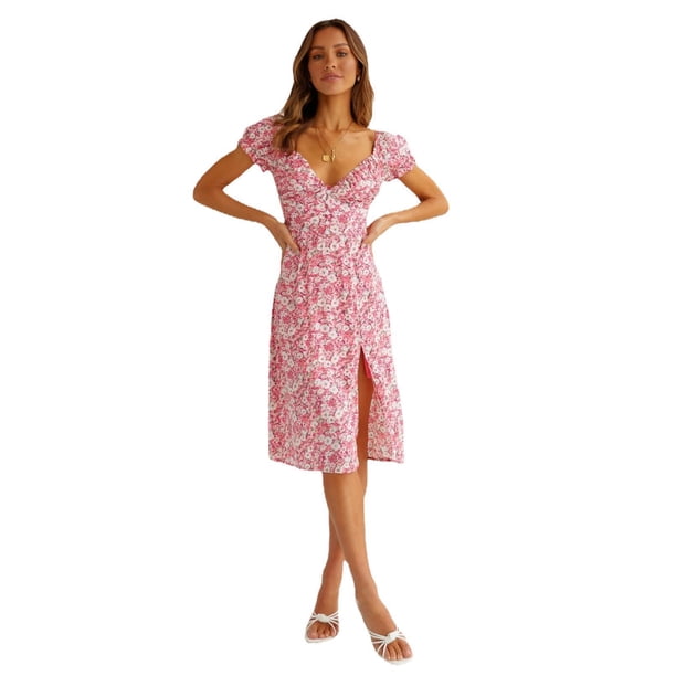 Cismea - Maxi Vestido de Verano para Mujer, Informal, Bohemio, Floral, Cuello en V, Manga Corta, Dobladillo con Volantes, Dividido, Vestidos Largos de Playa(Azul) Cismea falda