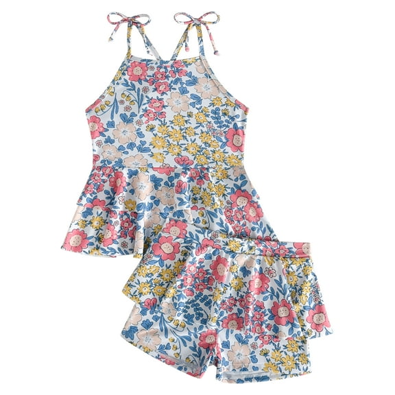 OBEEII Little Girls Swimsuits 2 Pcs Set Cute Floral Swimwear Adjustable Straps Sleeveless Beach Bathing Suit Kids Summer Clothes