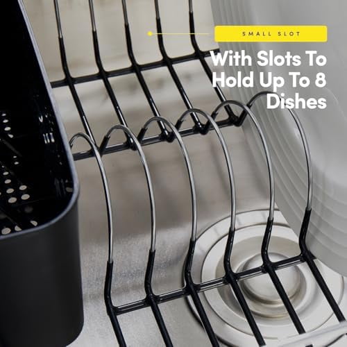 2 Piece Dish Drying Rack Set Drainer with Utensil Holder Simple Easy to Use Fits in Most Sinks, 14.5" x 13" x 5.25", Black