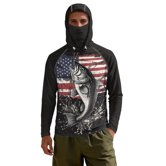 Bulopur Men's UPF 50  Sun Protection Fishing Hoodie American Flag Fish Long Sleeve Shirt with Face Mask Quick Dry Lightweight UV Shirt for Hiking Running Surfing