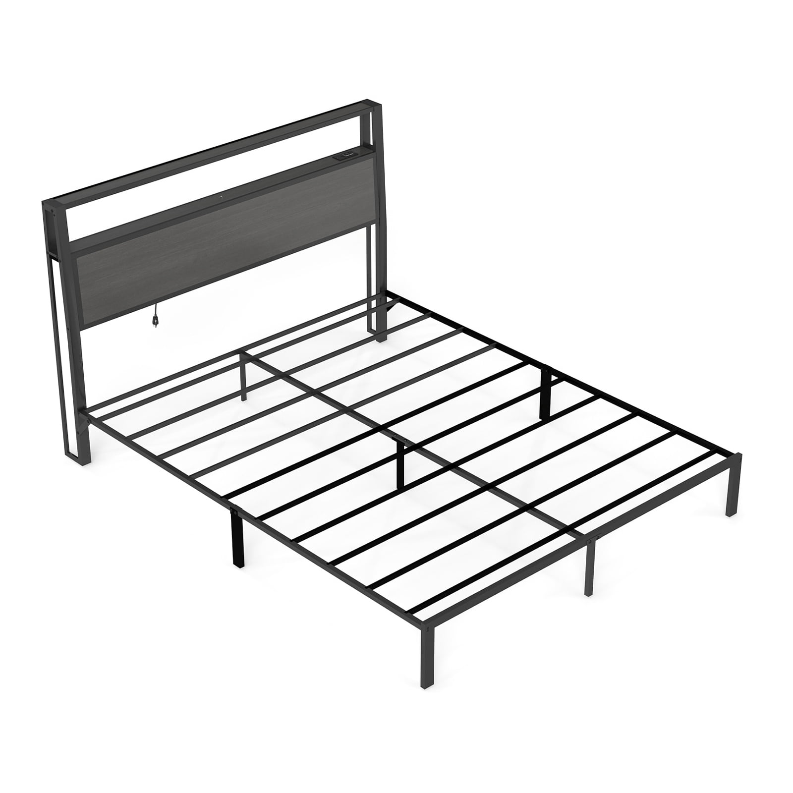 Leumius Queen Size Bed Frame with Headboard, Platform Bed with RGB LED Light & Charging Station & Under Bed Storage Space, Easy Assembly,Dark Gray