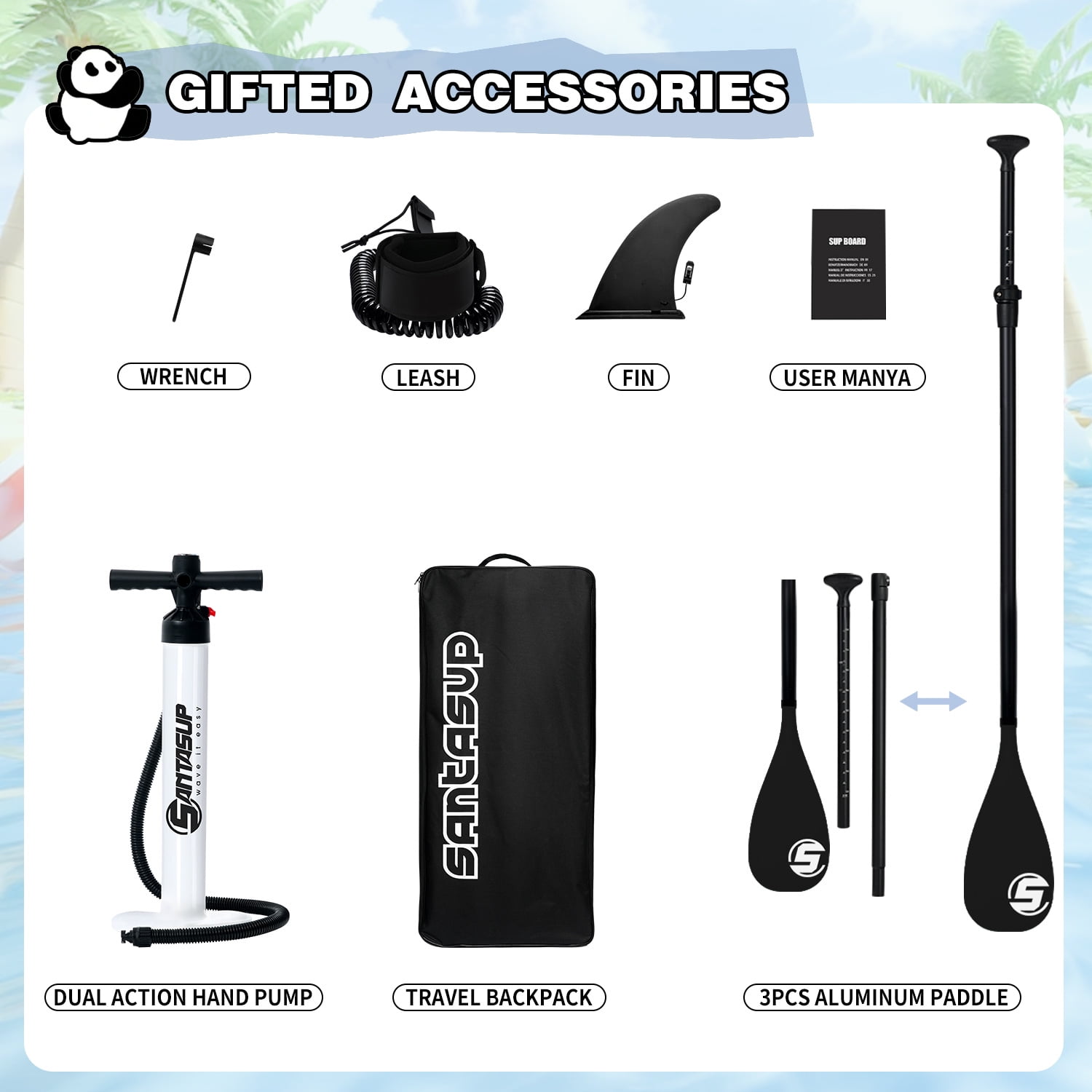 Santasup Kids Stand Up Paddle Board, 8ft Black Panda with Paddle Board Accessories for Kids, Inflatable Paddleboard Durable, Stable Design, Wide Non-Slip Deck, Hand Pump for Youth & Kids